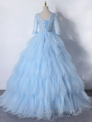 Blue A-Line Tulle Lace Long Evening Prom Dress, Blue Lace Evening Dress
