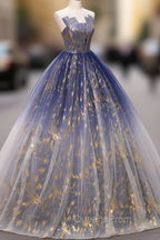 Blue A line Tulle Lace Long Evening Prom Dress, Tulle Evening Blue Graduation Dress