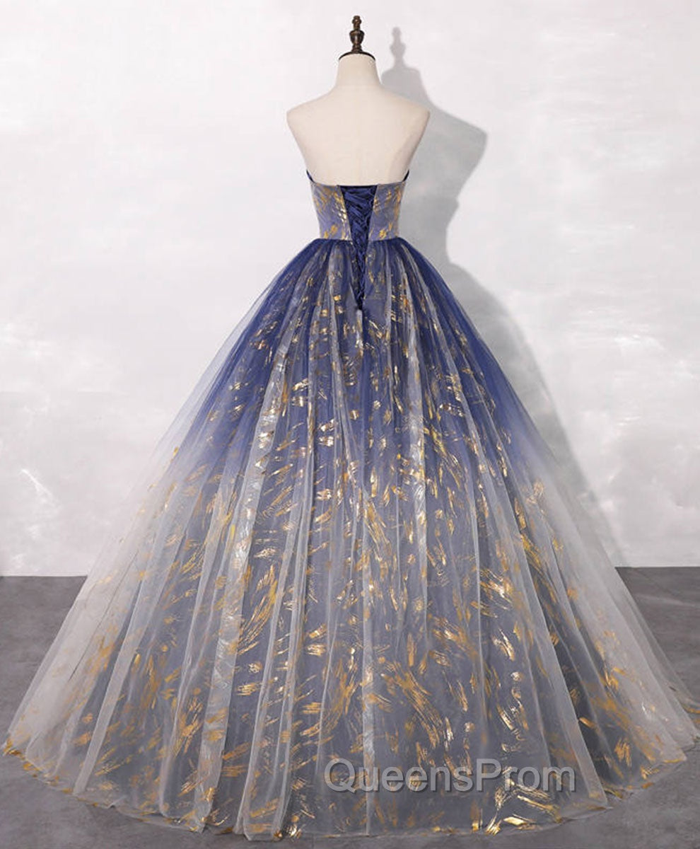 Blue A line Tulle Lace Long Evening Prom Dress, Tulle Evening Blue Graduation Dress