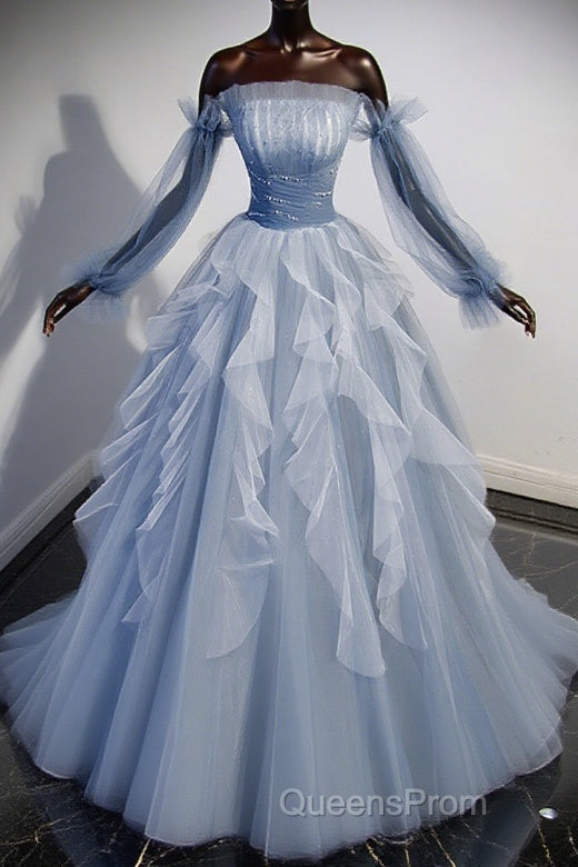 Blue A-Line Tulle Lace Long Evening Prom Dress, Blue Formal Evening Dress Main image