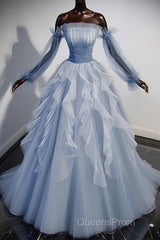 Blue A-Line Tulle Lace Long Evening Prom Dress, Blue Formal Evening Dress