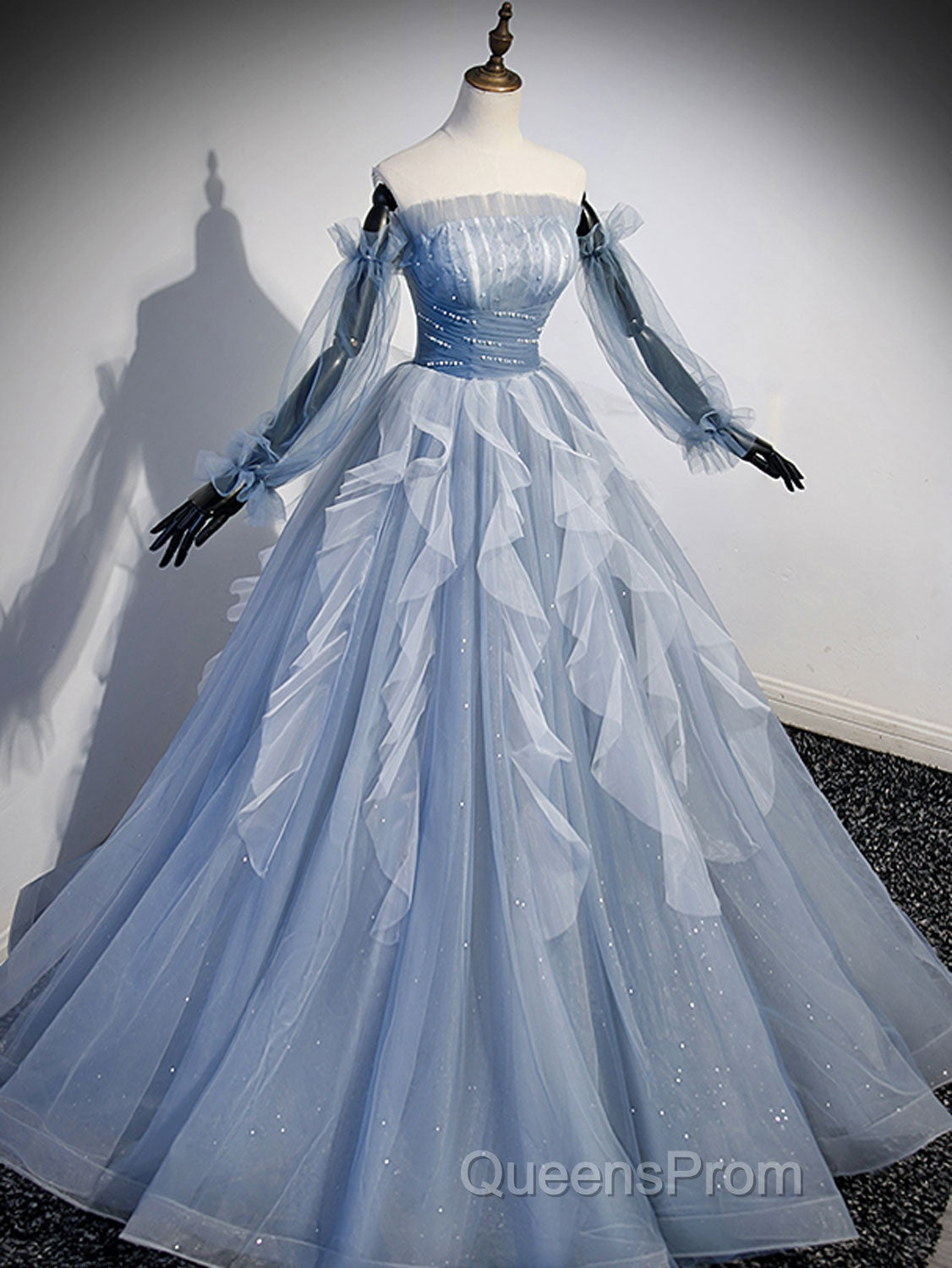 Blue A-Line Tulle Lace Long Evening Prom Dress, Blue Formal Evening Dress
