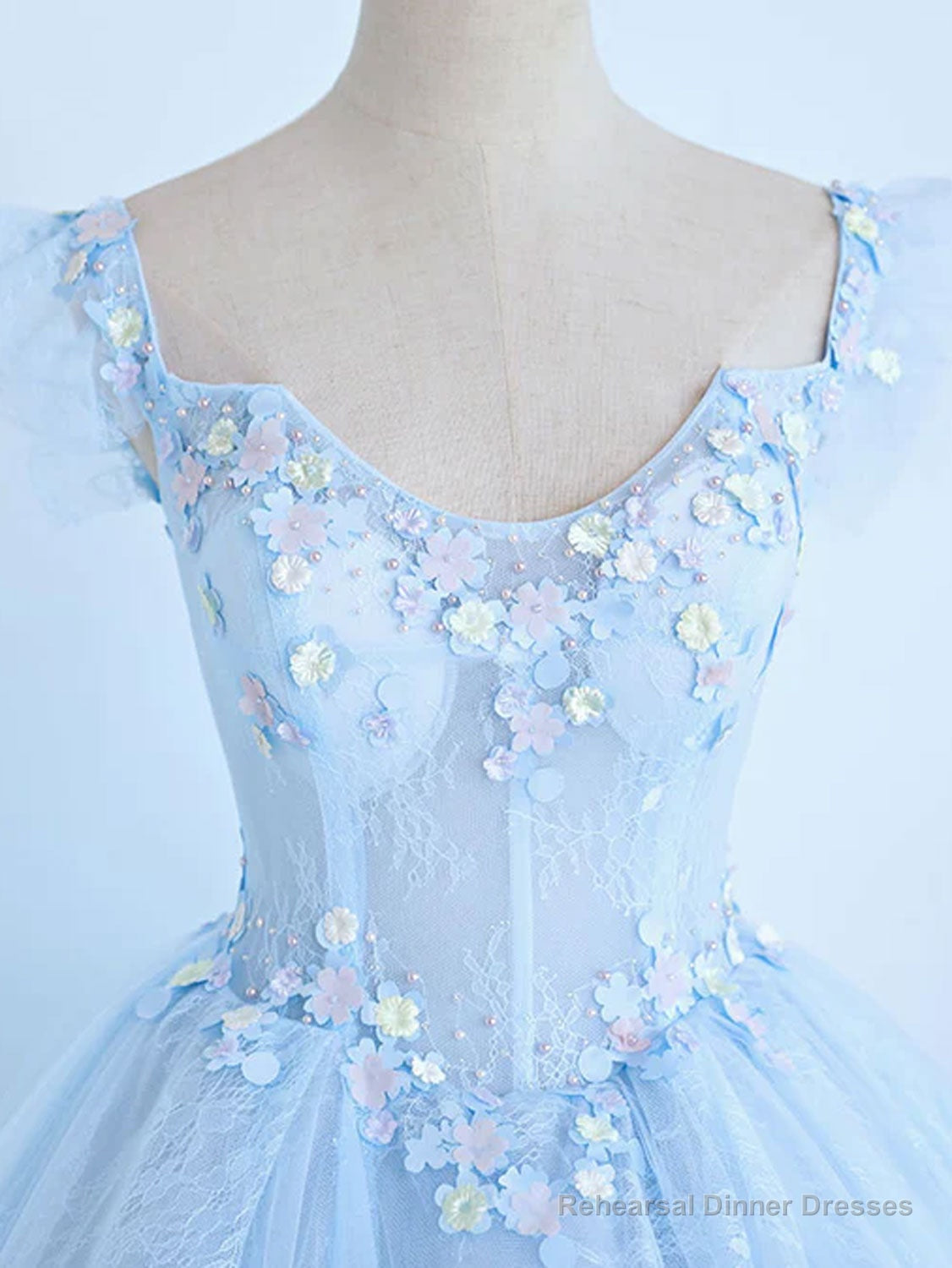 Blue A-Line Tulle Lace Long Prom Dresses, Blue Lace Formal Evening Dresses Secondary image