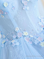 Blue A-Line Tulle Lace Long Prom Dresses, Blue Lace Formal Evening Dresses