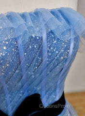 Blue A-Line Tulle Long Party Dress With Belt, Blue Evening Dress Evening Prom Dress