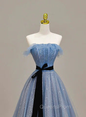 Blue A-Line Tulle Long Party Dress With Belt, Blue Evening Dress Evening Prom Dress