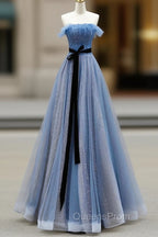 Blue A-Line Tulle Long Party Dress With Belt, Blue Evening Dress Evening Prom Dress