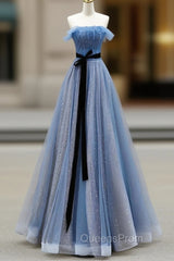 Blue A-Line Tulle Long Party Dress With Belt, Blue Evening Dress Evening Prom Dress