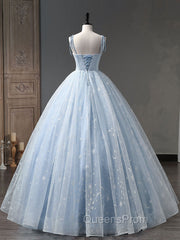 Blue A-Line Tulle Long Evening Prom Dress, Blue Evening Sweet 16 Dress