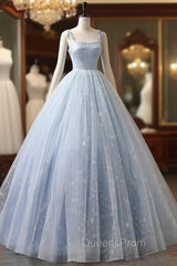 Blue A-Line Tulle Long Evening Prom Dress, Blue Evening Sweet 16 Dress