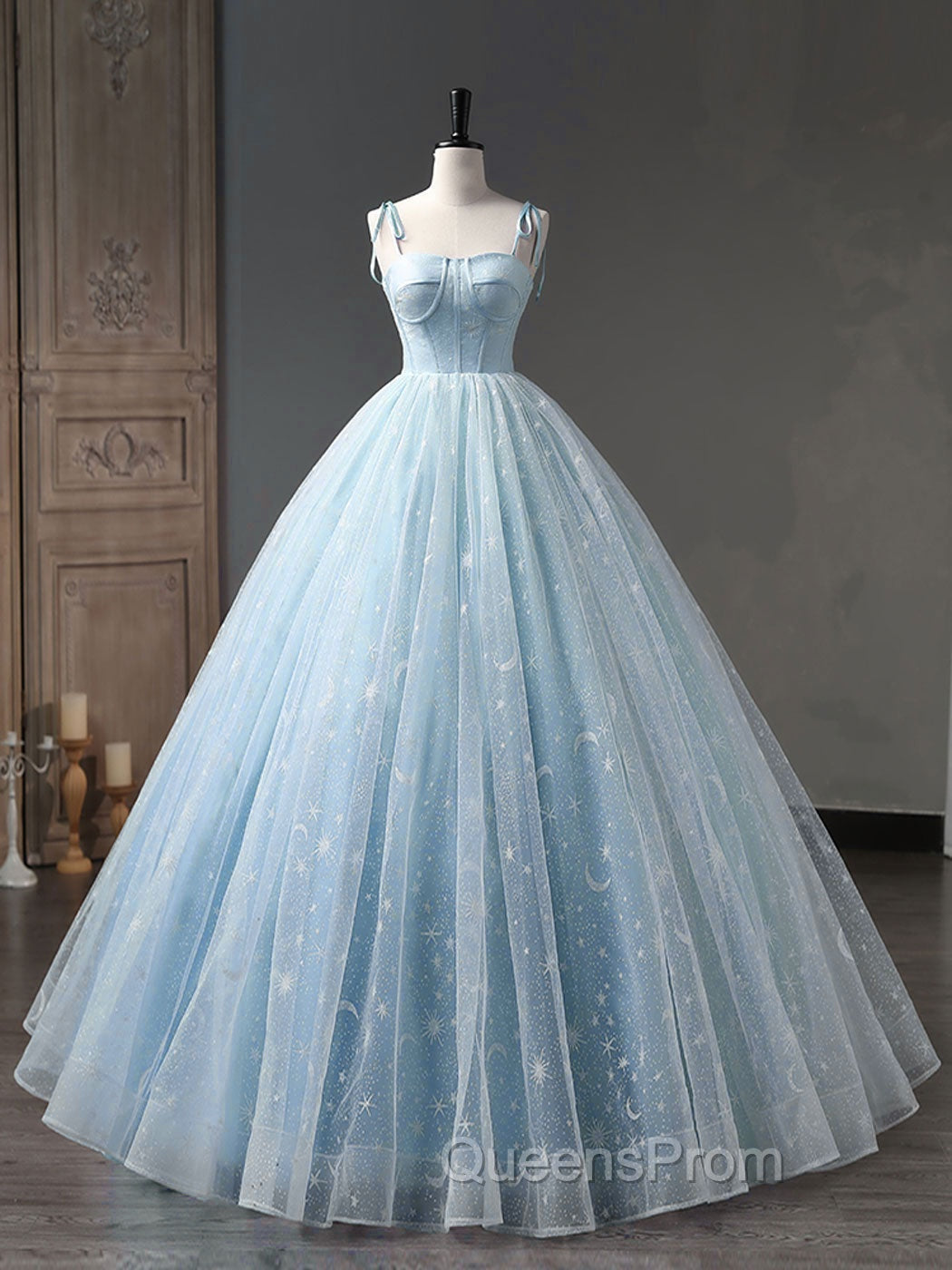 Blue A-Line Tulle Long Evening Prom Dress, Blue Evening Sweet 16 Dress Main image