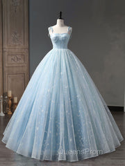 Blue A-Line Tulle Long Evening Prom Dress, Blue Evening Sweet 16 Dress