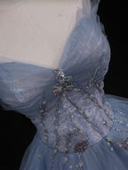 Blue A-Line Tulle Long Classy Prom Dress, Blue Tulle Classy Graduation Dress