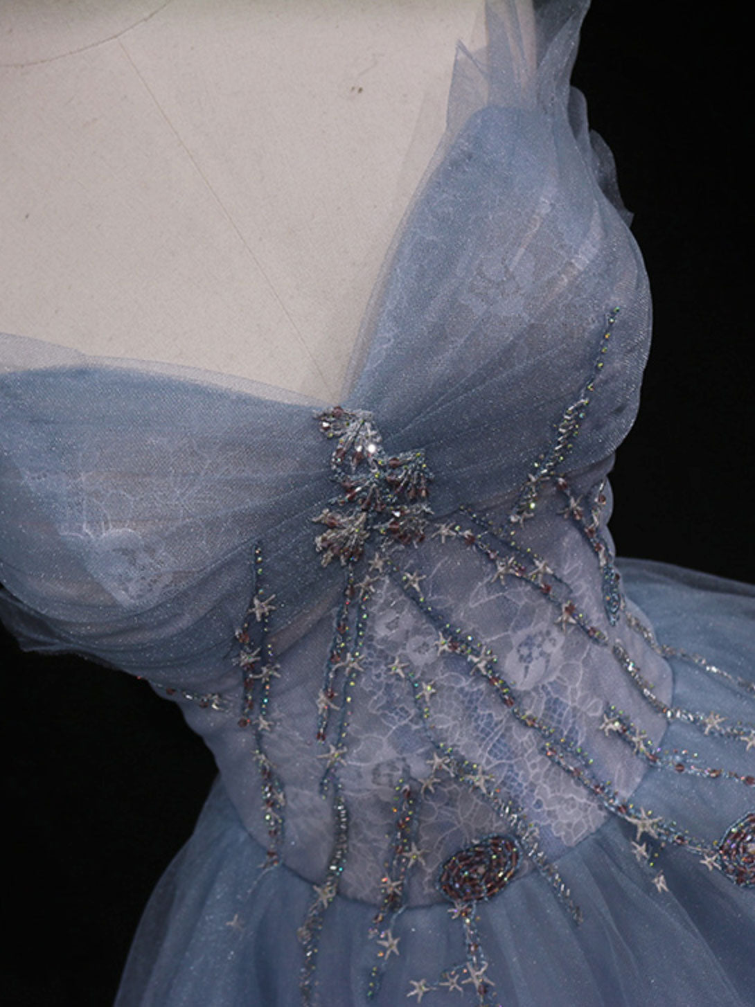 Blue A-Line Tulle Long Classy Prom Dress, Blue Tulle Classy Graduation Dress