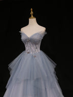 Blue A-Line Tulle Long Classy Prom Dress, Blue Tulle Classy Graduation Dress