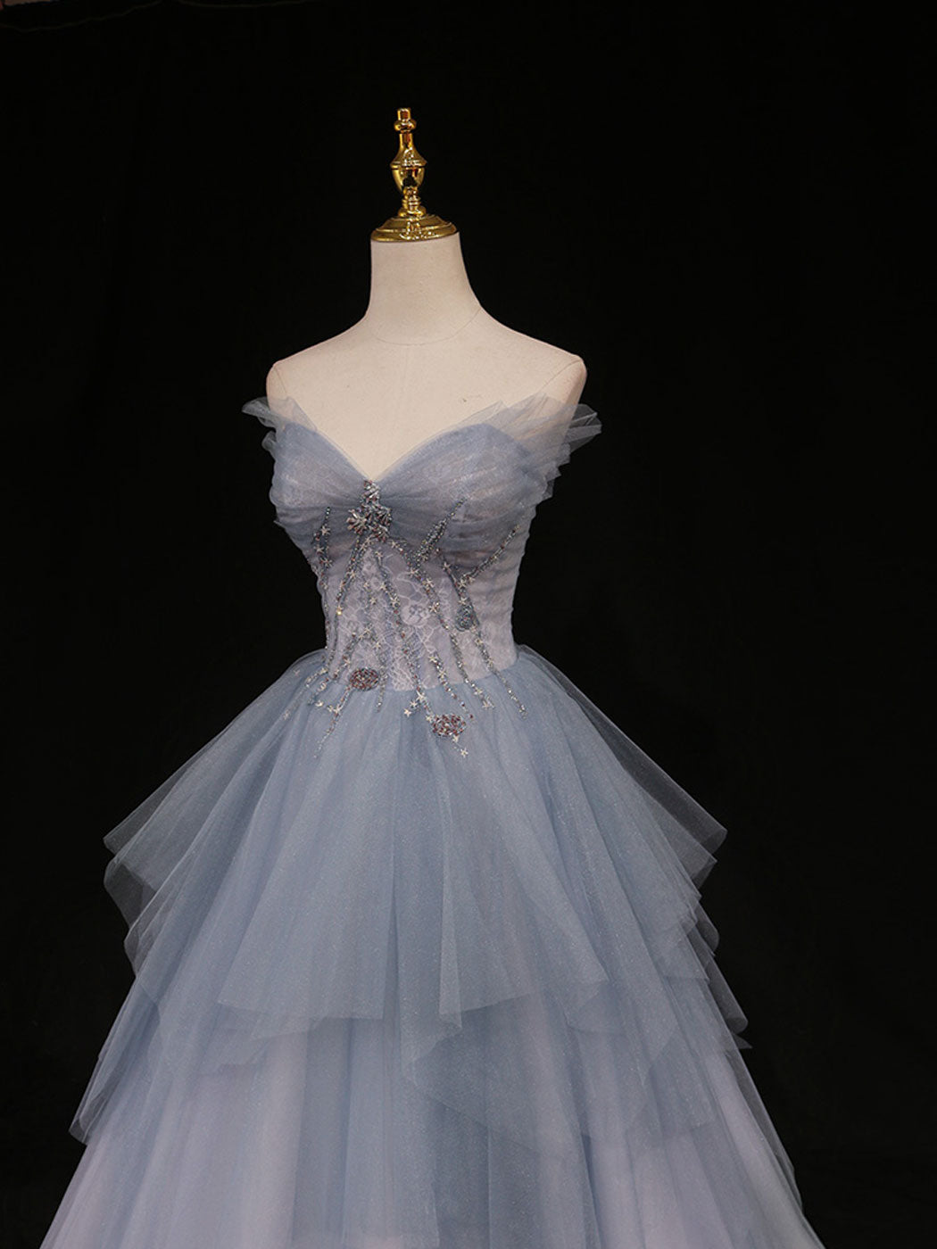 Blue A-Line Tulle Long Classy Prom Dress, Blue Tulle Classy Graduation Dress