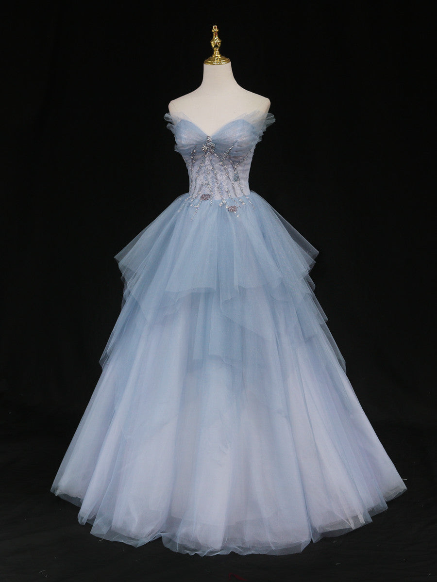 Blue A-Line Tulle Long Classy Prom Dress, Blue Tulle Classy Graduation Dress Main image