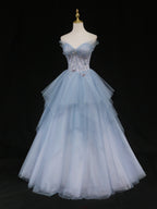 Blue A-Line Tulle Long Classy Prom Dress, Blue Tulle Classy Graduation Dress