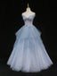 Blue A-Line Tulle Long Classy Prom Dress, Blue Tulle Classy Graduation Dress