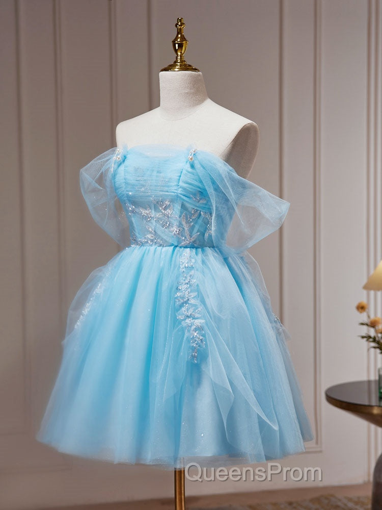 Blue A-line Tulle Short Evening Prom Dress, Blue Homecoming Dress Secondary image
