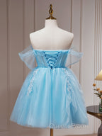 Blue A-line Tulle Short Evening Prom Dress, Blue Homecoming Dress