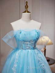 Blue A-line Tulle Short Evening Prom Dress, Blue Homecoming Dress