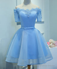 Blue A-Line Tulle Short Sleeve Lace Short Prom Dress, Blue Cute Homecoming Dress