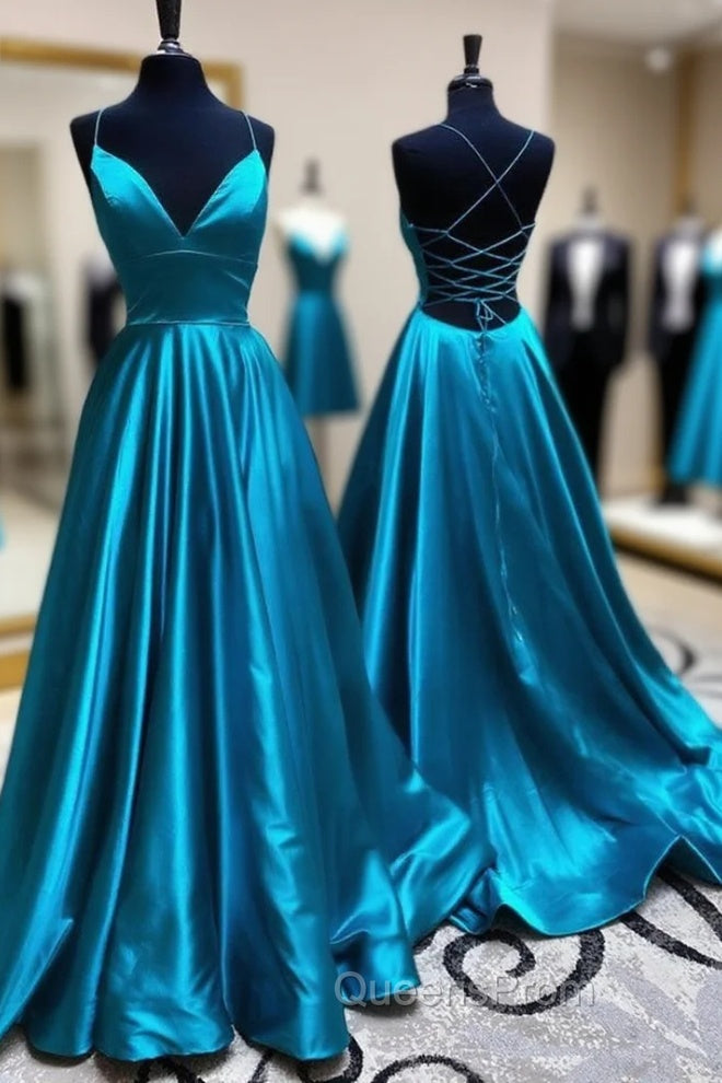 Blue A Line V Neck Backless Satin Long Evening Prom Dress Open Back Evening Graduation Evening Gowns Main image