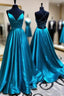 Blue A Line V Neck Backless Satin Long Evening Prom Dress Open Back Evening Graduation Evening Gowns