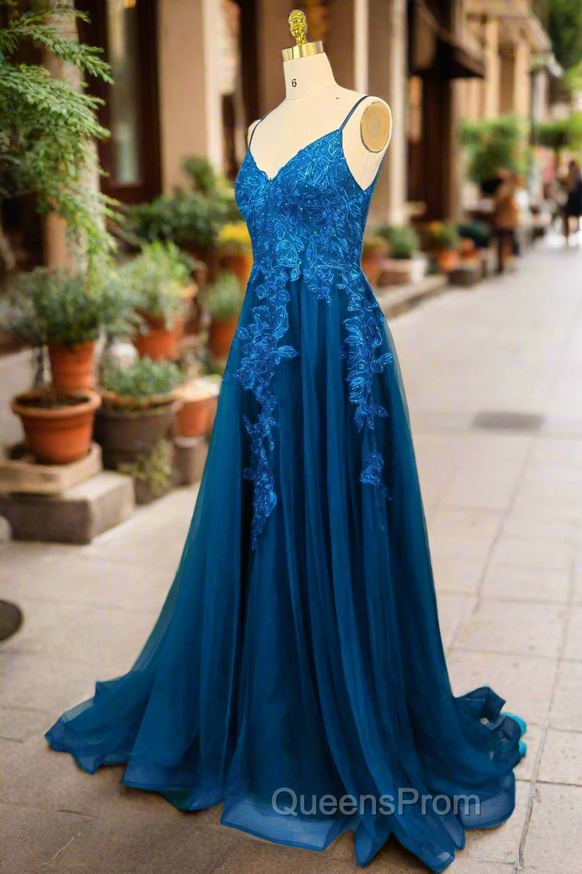 Blue A-line V Neck Evening Prom Dress Spaghetti Straps Sweep Train Tulle Evening Dress With Appliqued Secondary image