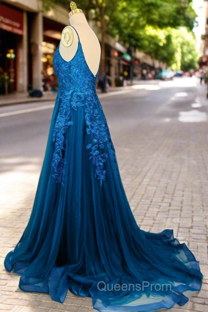 Blue A-line V Neck Evening Prom Dress Spaghetti Straps Sweep Train Tulle Evening Dress With Appliqued