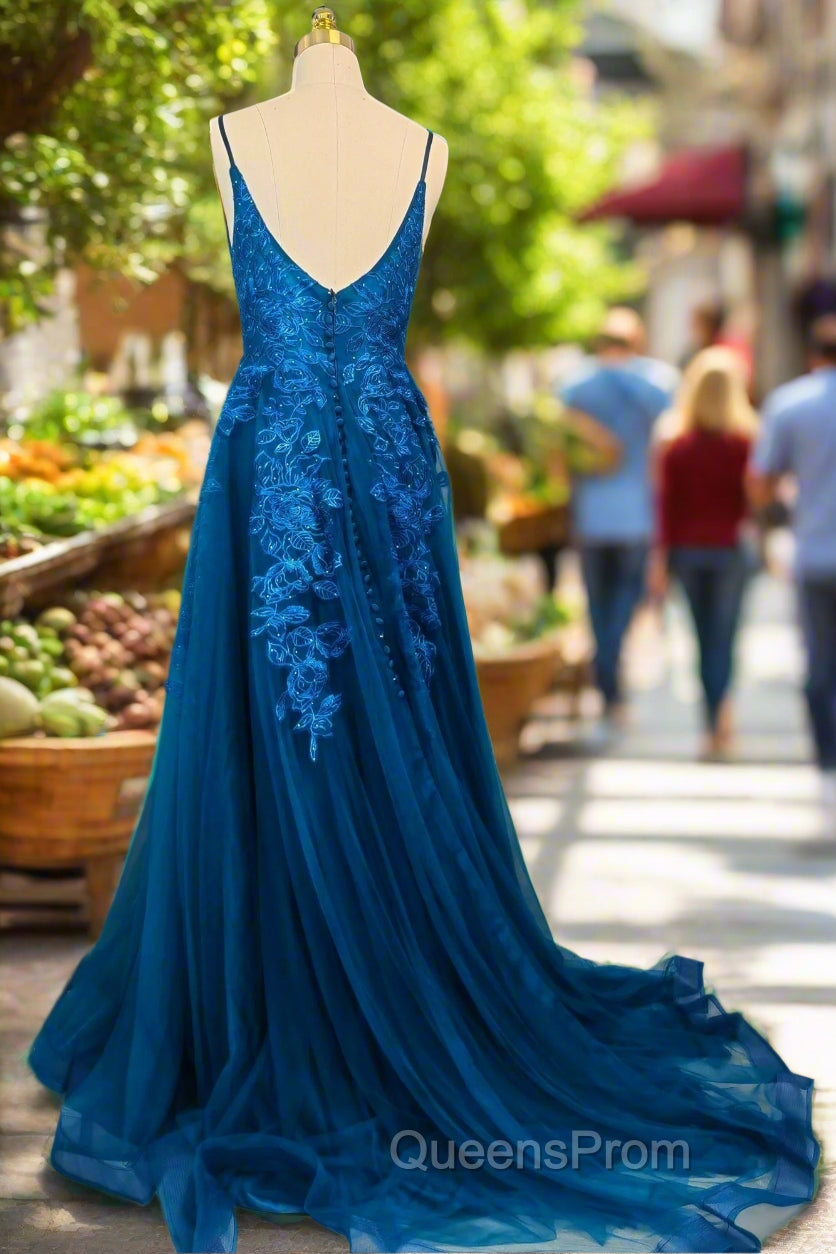 Blue A-line V Neck Evening Prom Dress Spaghetti Straps Sweep Train Tulle Evening Dress With Appliqued
