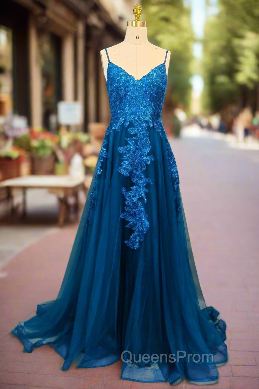 Blue A-line V Neck Evening Prom Dress Spaghetti Straps Sweep Train Tulle Evening Dress With Appliqued Main image