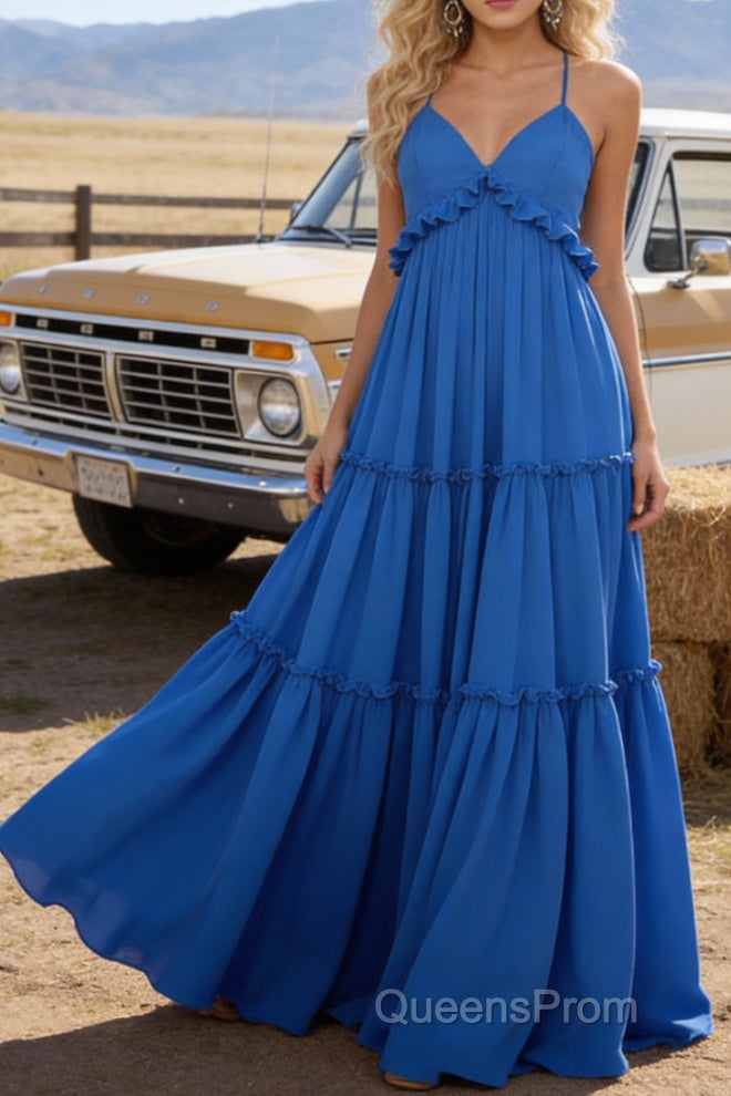 Blue A-line V Neck Sleeveless Floor-Length Chiffon Prom Dress Long Prom Dresses Backless with Pleated Ruffles Secondary image