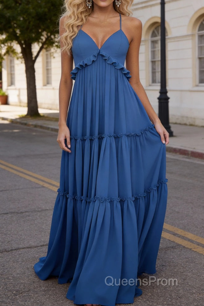 Blue A-line V Neck Sleeveless Floor-Length Chiffon Prom Dress Long Prom Dresses Backless with Pleated Ruffles Main image