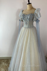 Blue And Champagne Tulle Beaded Shiny Tulle Evening Prom Dress, A-Line Long Party Dress