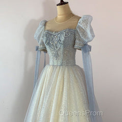 Blue And Champagne Tulle Beaded Shiny Tulle Evening Prom Dress, A-Line Long Party Dress