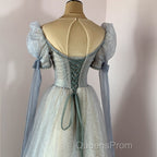Blue And Champagne Tulle Beaded Shiny Tulle Evening Prom Dress, A-Line Long Party Dress