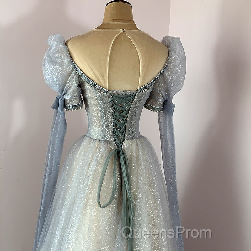 Blue And Champagne Tulle Beaded Shiny Tulle Evening Prom Dress, A-Line Long Party Dress