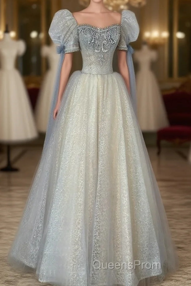 Blue And Champagne Tulle Beaded Shiny Tulle Evening Prom Dress, A-Line Long Party Dress