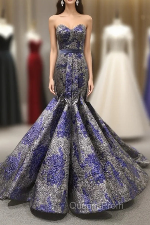Blue And Gray Satin Mermaid Dress Sweetheart Evening Prom Dress With Pleats