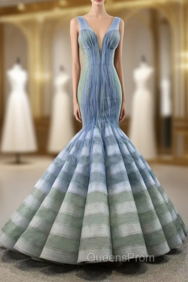 Blue And Green Mermaid V-neck Pleats Evening Prom Dress