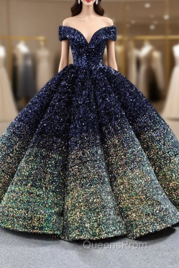 Blue And Green Sequins Off the Shoulder Evening Prom Dress