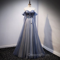 Blue and Grey Tulle Long Sweetheart Party Dress, Tulle A-line Evening Dress
