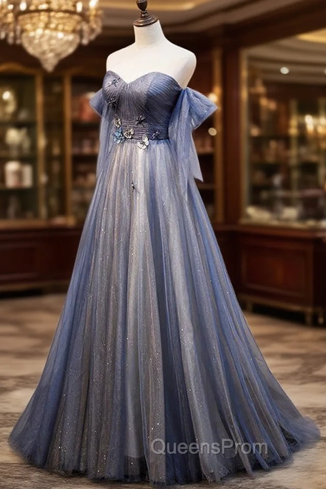 Blue and Grey Tulle Long Sweetheart Party Dress, Tulle A-line Evening Dress
