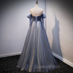 Blue and Grey Tulle Long Sweetheart Party Dress, Tulle A-line Evening Dress