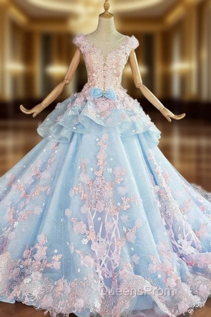 Blue and Pink Ball Gown Tulle with Flowers Sweet 16 Dress, Blue Evening Dress Main image