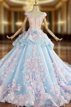 Blue and Pink Ball Gown Tulle with Flowers Sweet 16 Dress, Blue Evening Dress