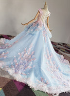 Blue and Pink Ball Gown Tulle with Flowers Sweet 16 Dress, Blue Evening Dress