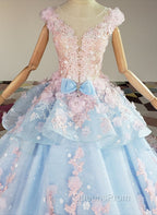Blue and Pink Ball Gown Tulle with Flowers Sweet 16 Dress, Blue Evening Dress